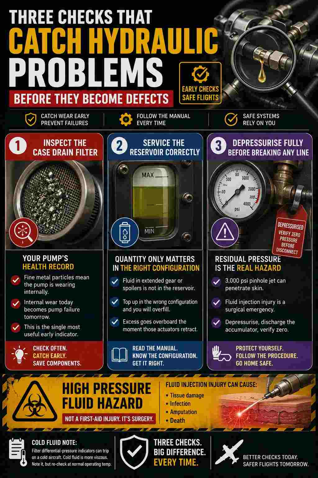Three panel image showing a case drain filter containing metal particles, a reservoir sight glass with a servicing configuration note, and a high pressure fluid injection hazard warning.