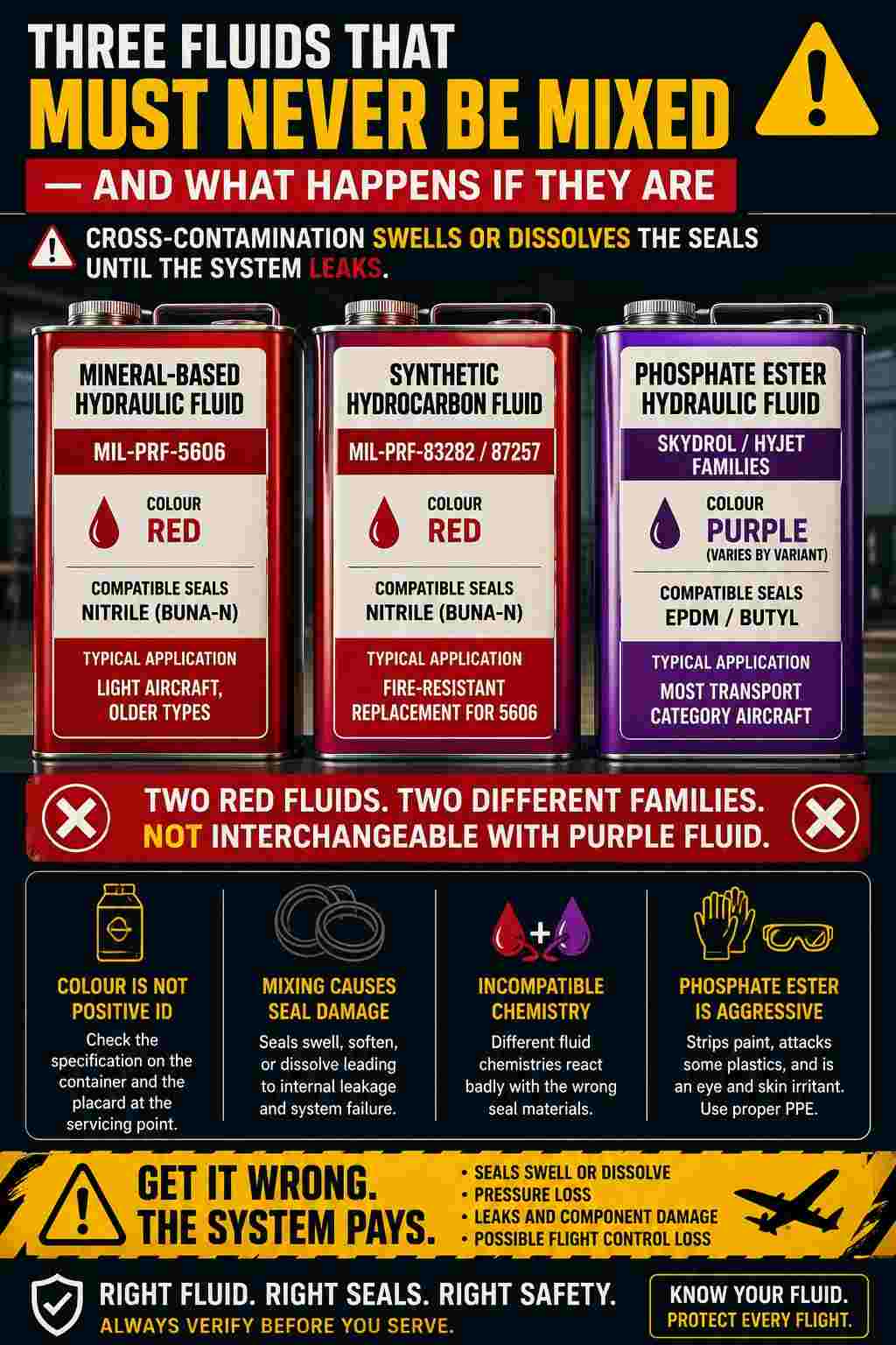 Three hydraulic fluid containers labelled with specification, colour and compatible seal material, highlighting that two different families share the same red dye.