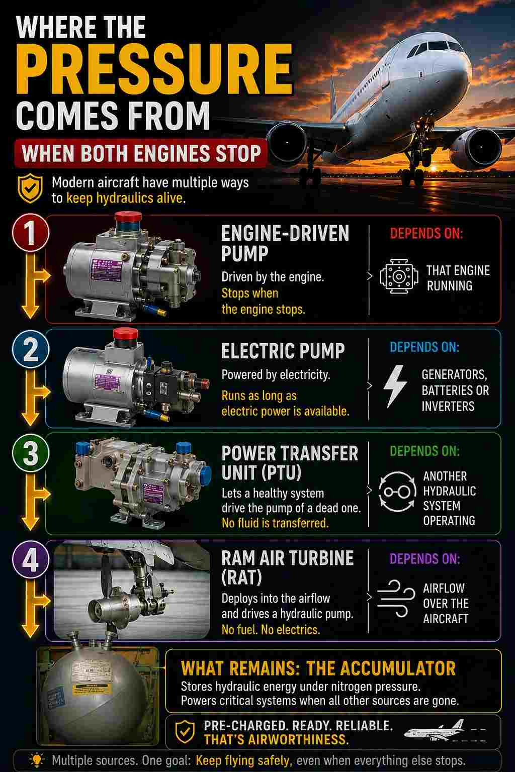 Four hydraulic power sources shown in a vertical stack — engine driven pump, electric pump, power transfer unit and ram air turbine — each labelled with what it depends on.