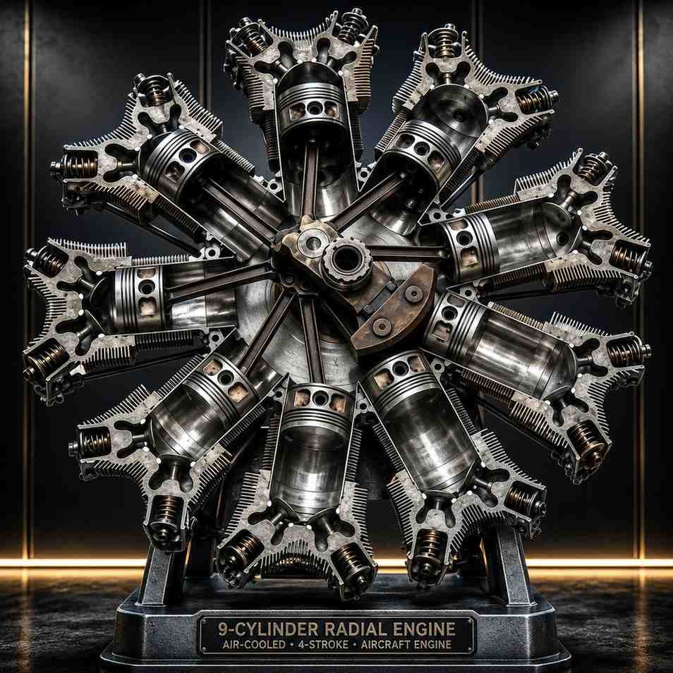 A radial engine positions its cylinders in a circular pattern around a central crankshaft. When viewed from the front, the cylinders resemble the spokes of a wheel.