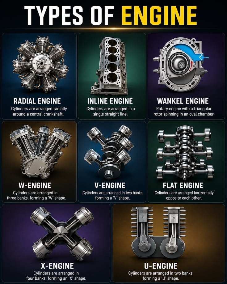 Eight internal combustion engine configurations compared, including radial, inline, Wankel, W, V, flat, X and U layouts.