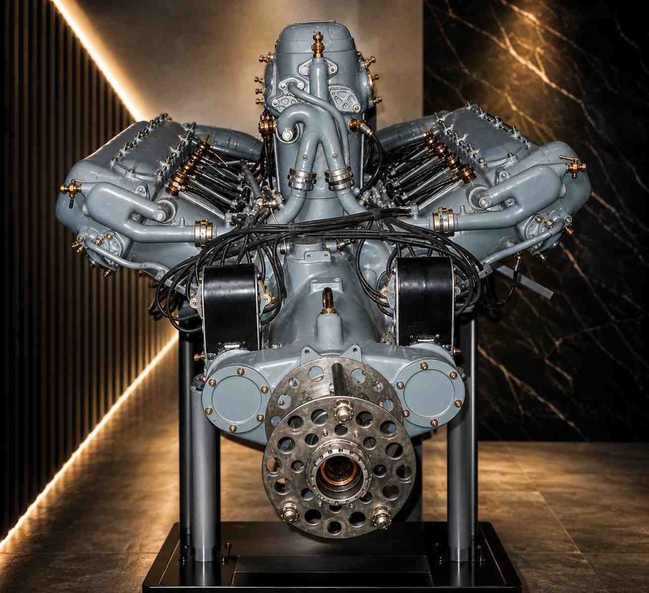 A W-engine uses multiple cylinder banks or narrow cylinder rows arranged around one crankshaft to create a short, high-displacement engine.