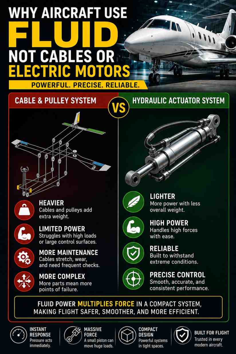Comparison showing a cable and pulley control run beside a hydraulic actuator, with piston area and output force labelled on the actuator.