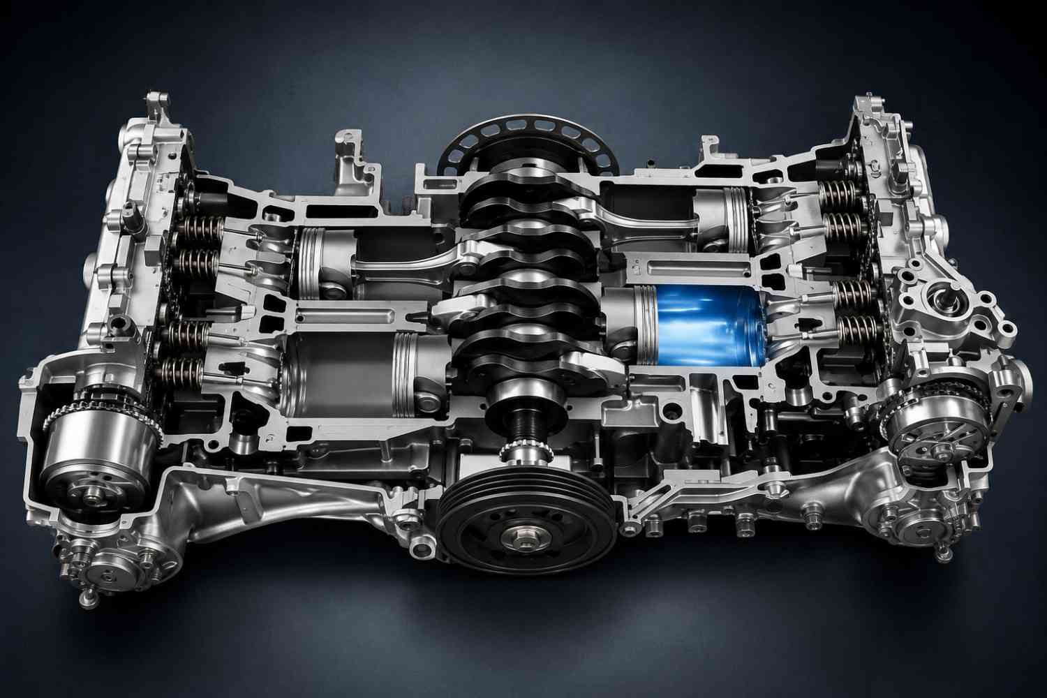 A flat engine places its cylinder banks horizontally on opposite sides of a central crankshaft.