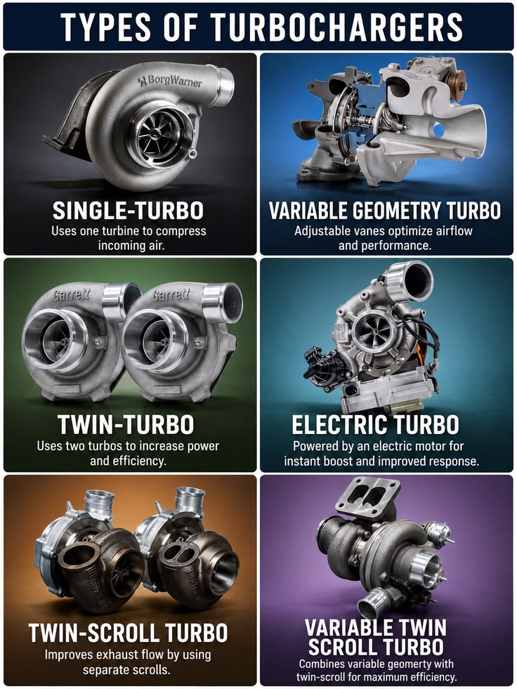 Types of turbochargers chart comparing single-turbo, variable geometry, twin-turbo, electric, twin-scroll and variable twin-scroll turbos.