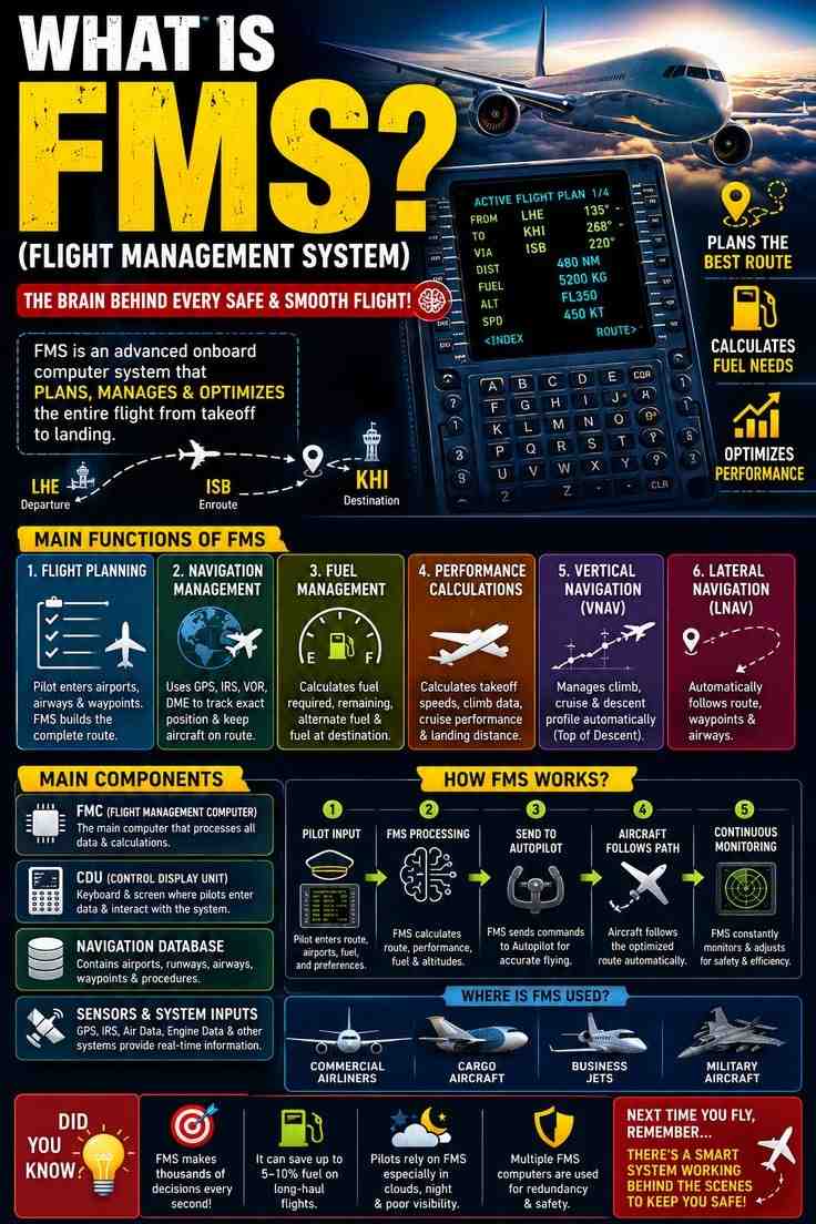 What is FMS infographic explaining Flight Management System functions, components, and how FMS works in aircraft