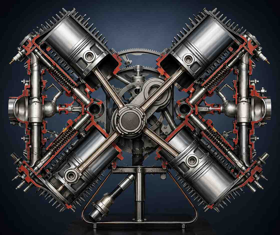 An X-engine places four cylinder banks around one central crankshaft. Viewed from the front, the banks resemble the letter X.