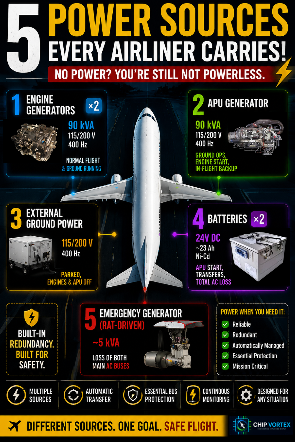 Diagram showing the five electrical power sources on an airliner — two engine generators, APU generator, ground power, batteries and ram air turbine — with their typical ratings.