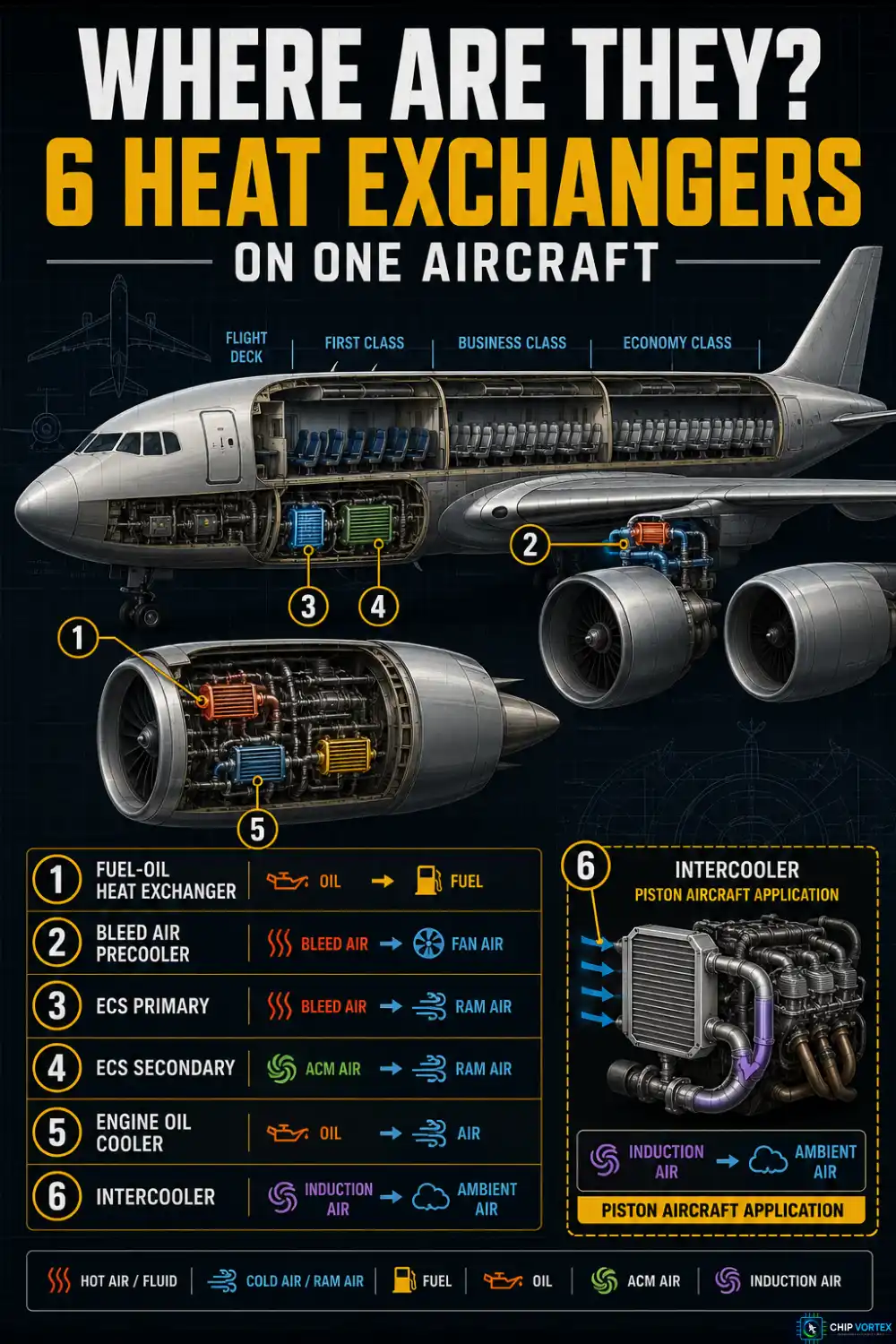 Aircraft outline showing heat exchanger locations including fuel oil heat exchanger, precooler and ECS packs