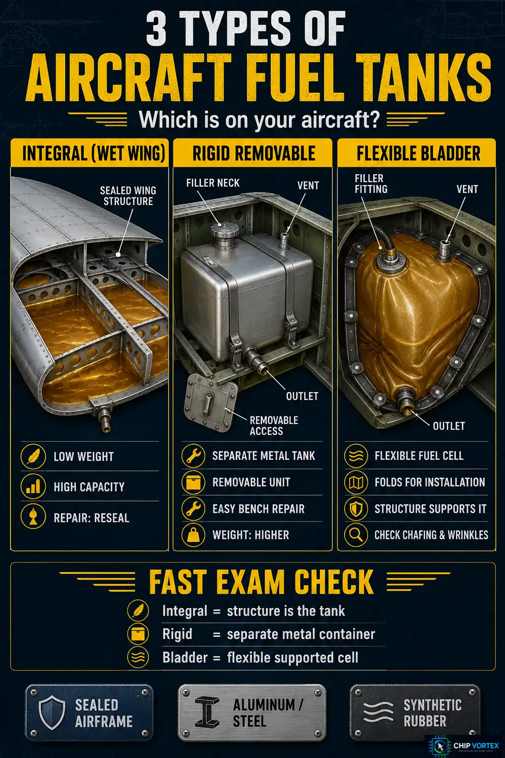 Comparison of integral wet wing, rigid removable and bladder aircraft fuel tanks.