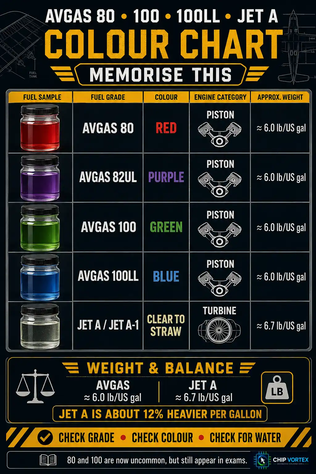 Aviation fuel colour code chart showing Avgas 80 red, 100 green, 100LL blue and Jet A straw