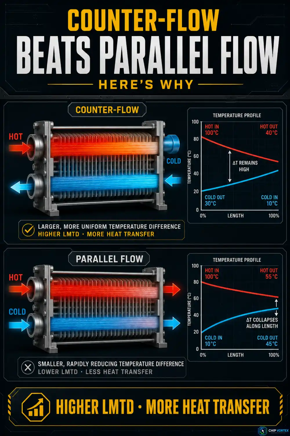 Parallel flow, counter flow and cross flow heat exchanger comparison with temperature profiles