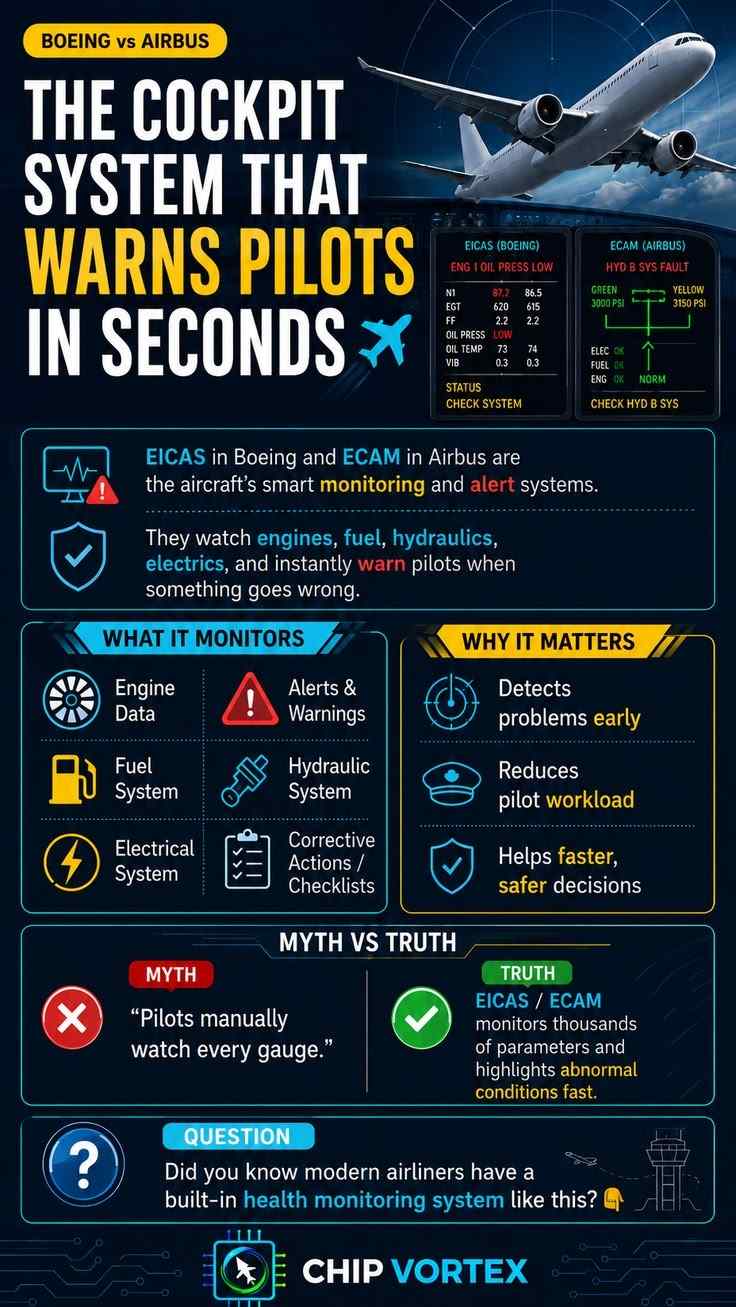 EICAS vs ECAM infographic comparing Boeing and Airbus aircraft monitoring and warning systems with example alert displays