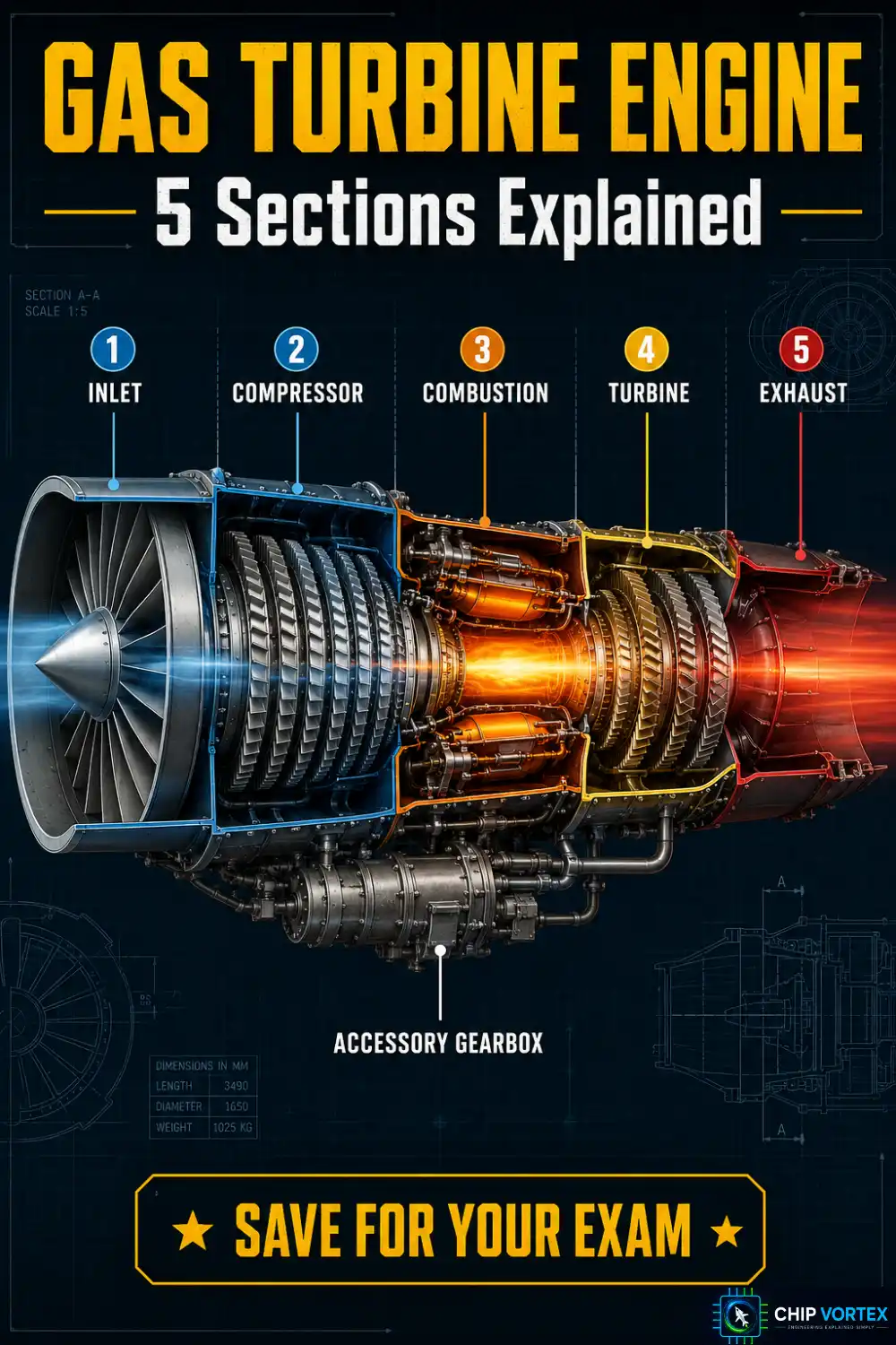 Five sections of a gas turbine engine colour coded flow diagram