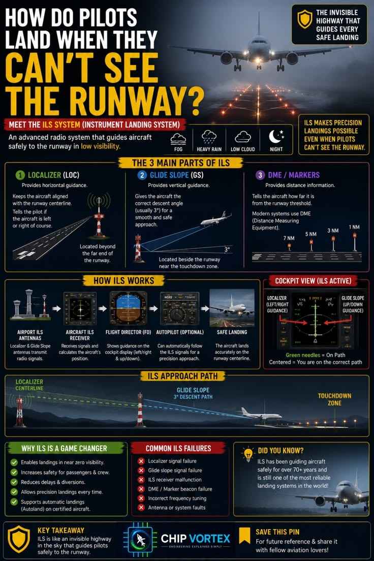 ILS instrument landing system infographic explaining the localizer, glide slope, DME, cockpit needles and ILS approach path