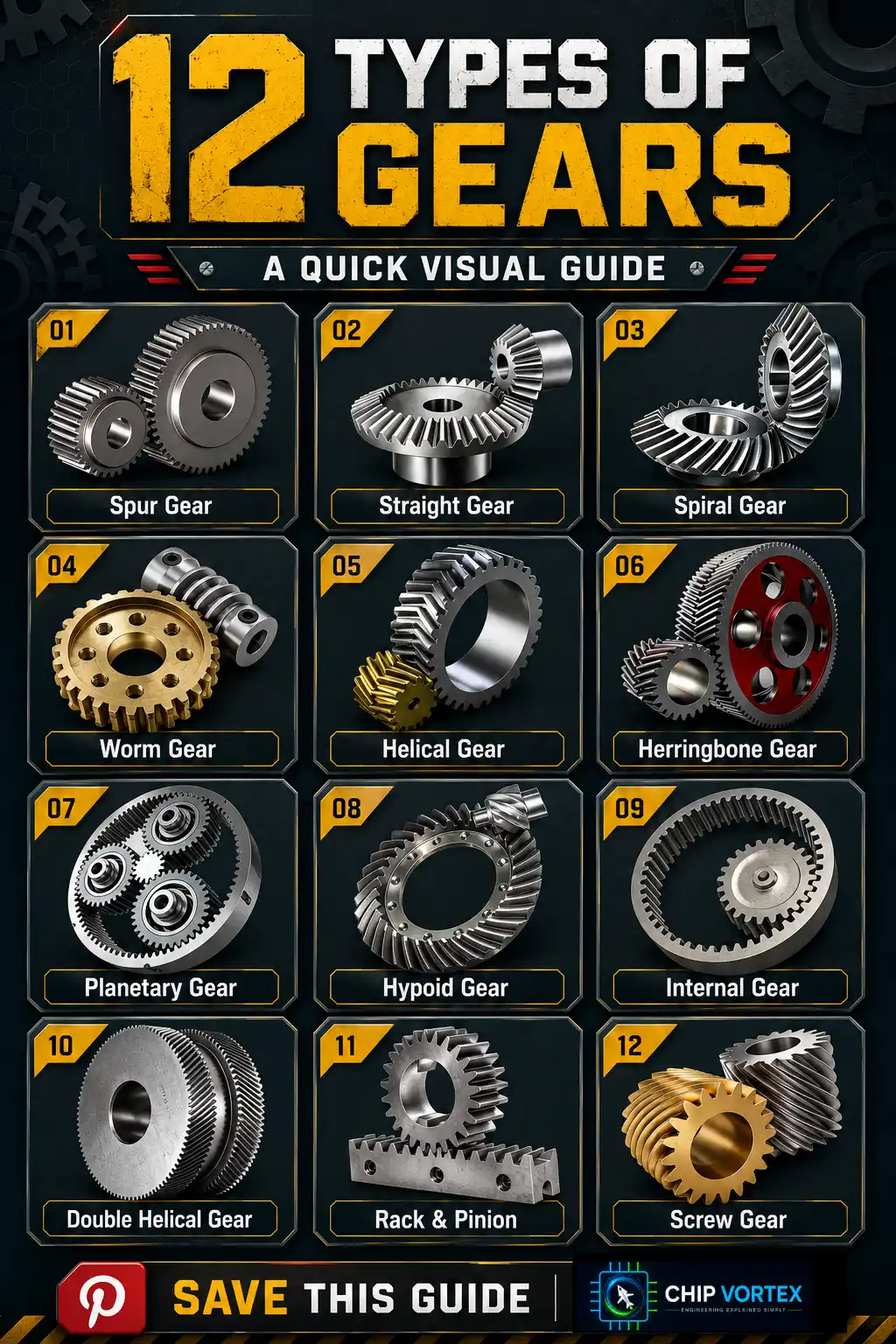 Types of gears chart showing 12 gear types including spur, helical, herringbone, bevel, hypoid, worm, rack and pinion and planetary gears