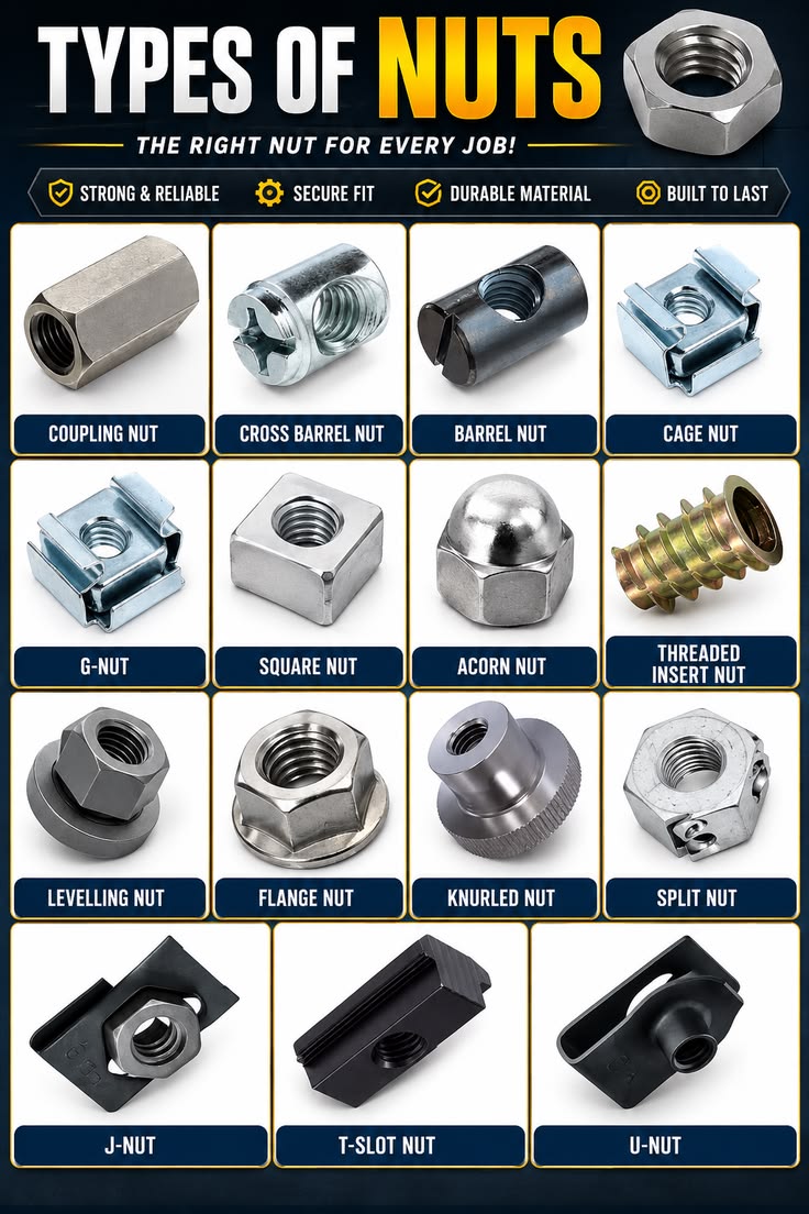 Types of nuts chart showing 15 nut types including coupling, barrel, cage, flange, T-slot and U-nuts with labeled photos