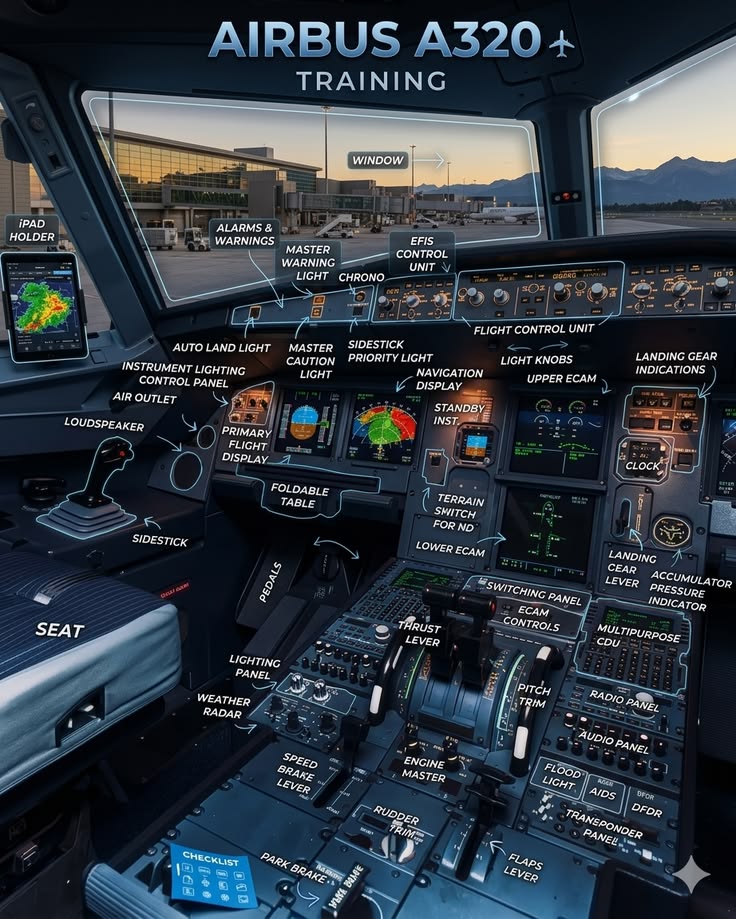 Annotated Airbus A320 cockpit photo labeling the sidestick, FCU, PFD, ECAM screens, MCDU, thrust levers and pedestal controls
