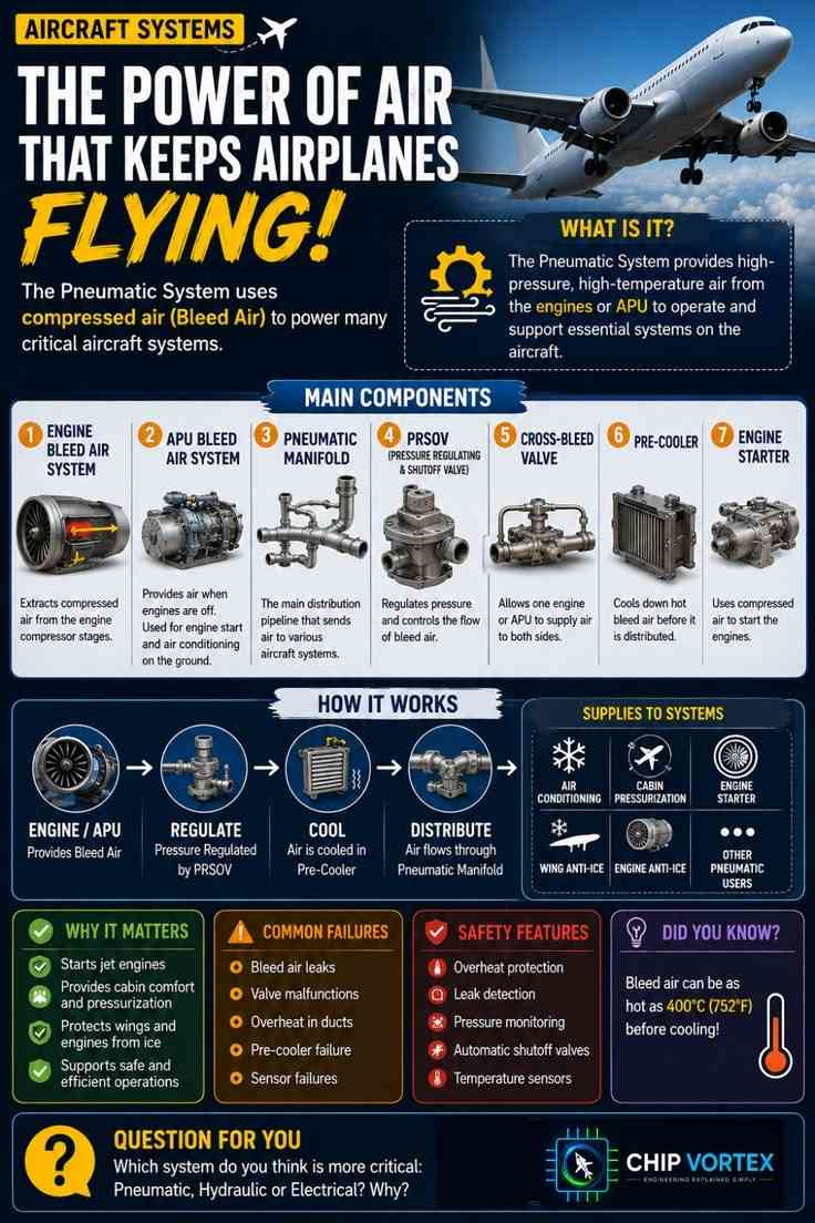Aircraft pneumatic system infographic explaining bleed air, PRSOV, pre-cooler, cross-bleed valve, pneumatic manifold and engine starter