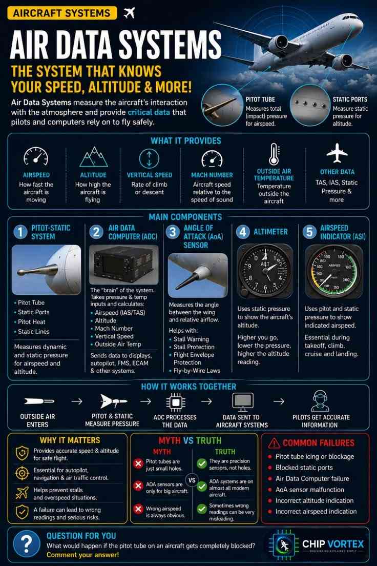 Air data systems infographic explaining the pitot-static system, air data computer, angle of attack sensor, altimeter and airspeed indicator.
