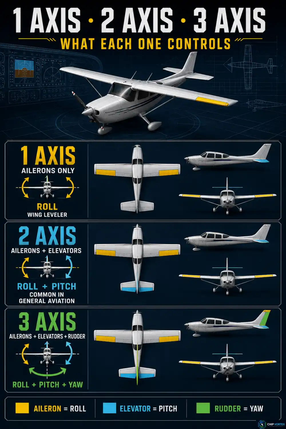 Single axis, two axis and three axis autopilot comparison showing controlled flight surfaces