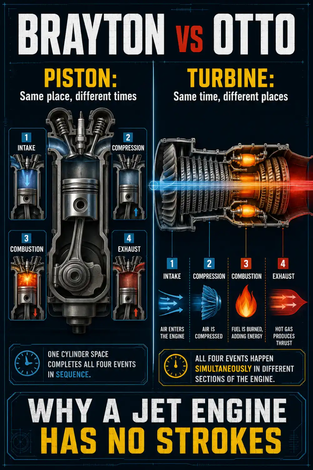 Brayton cycle vs Otto cycle comparison showing continuous versus intermittent combustion