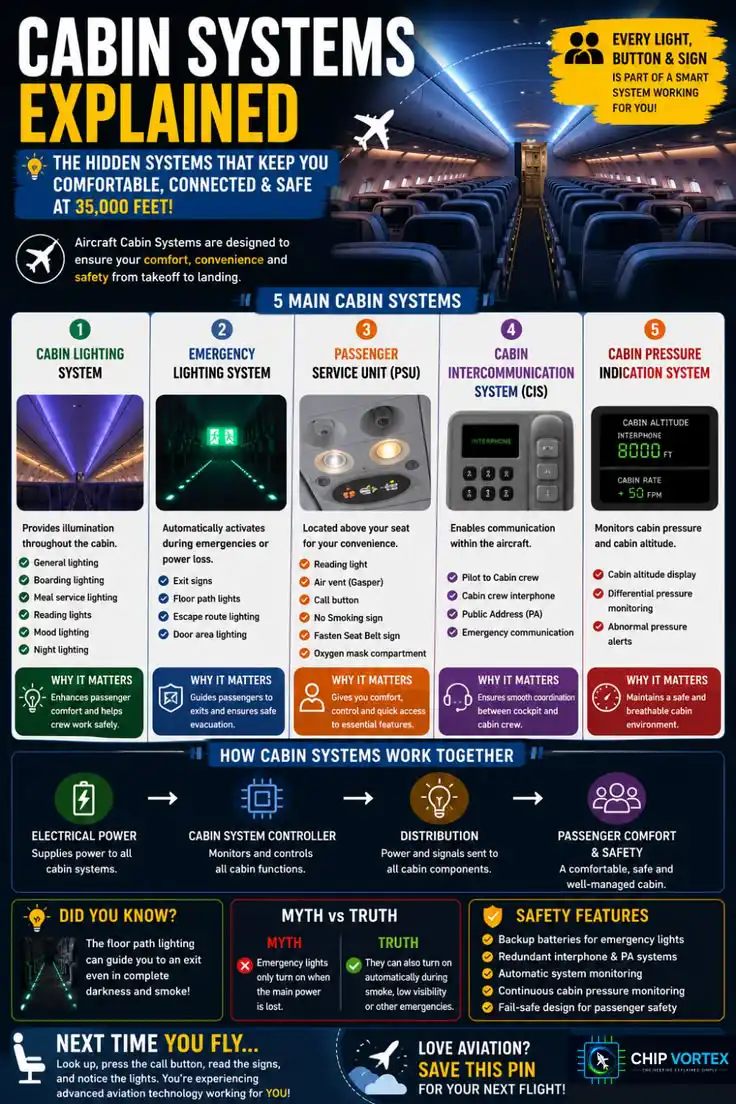 Aircraft cabin systems infographic explaining cabin lighting, emergency lighting, passenger service unit, interphone system and cabin pressure indication.