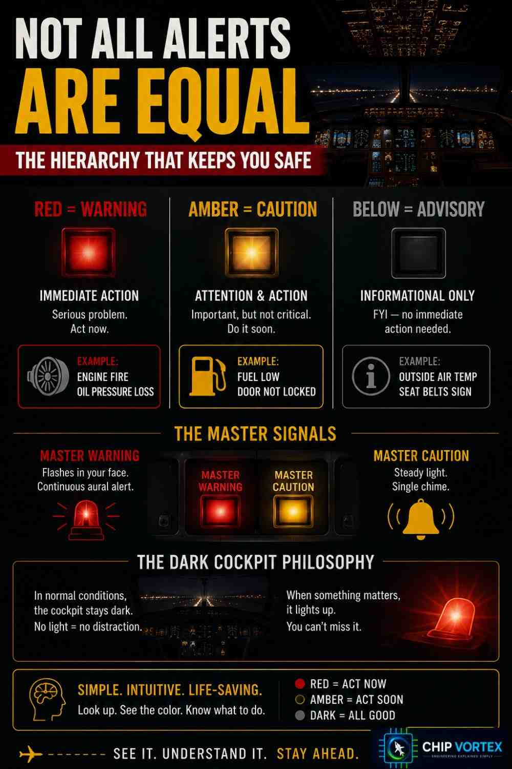 The Alert Hierarchy: Red, Amber, and the Dark Cockpit
