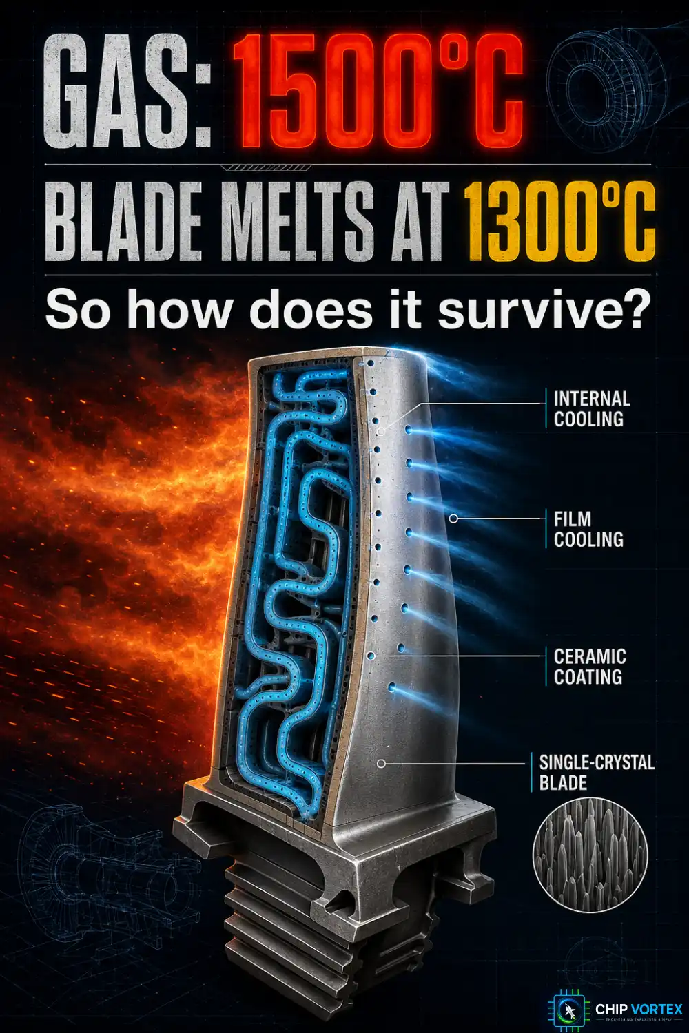 Turbine blade cooling cross section showing internal passages, film cooling holes and thermal barrier coating