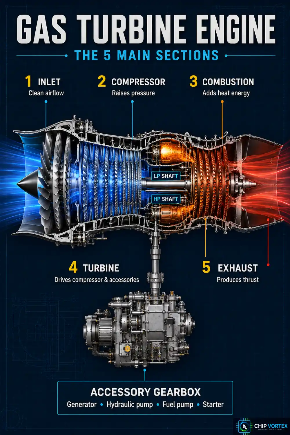 Labelled gas turbine engine diagram showing inlet, compressor, combustion section, turbine and exhaust