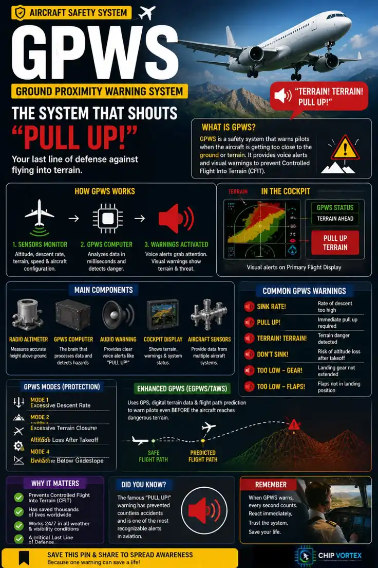 GPWS ground proximity warning system infographic showing how it works, cockpit warnings like terrain terrain pull up, protection modes and EGPWS