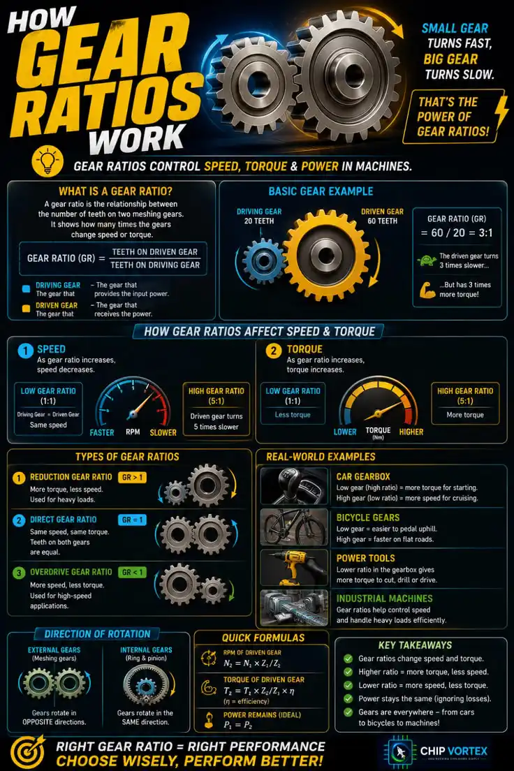 How gear ratios work infographic explaining gear ratio formula, speed vs torque trade-off, reduction and overdrive ratios and real world examples