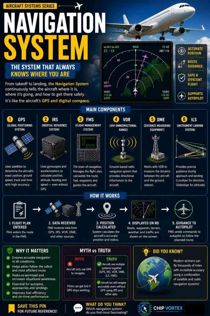 Aircraft navigation system infographic explaining GPS, IRS, FMS, VOR, DME and ILS components and how aircraft navigation works.
