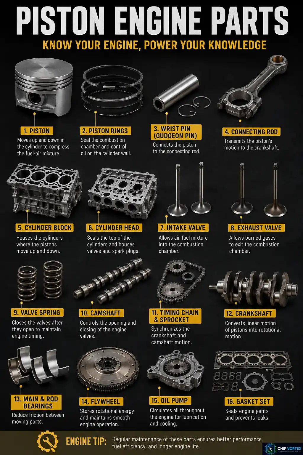Piston engine parts chart with real photos of the piston, rings, connecting rod, crankshaft, camshaft, valves, bearings, flywheel and oil pump