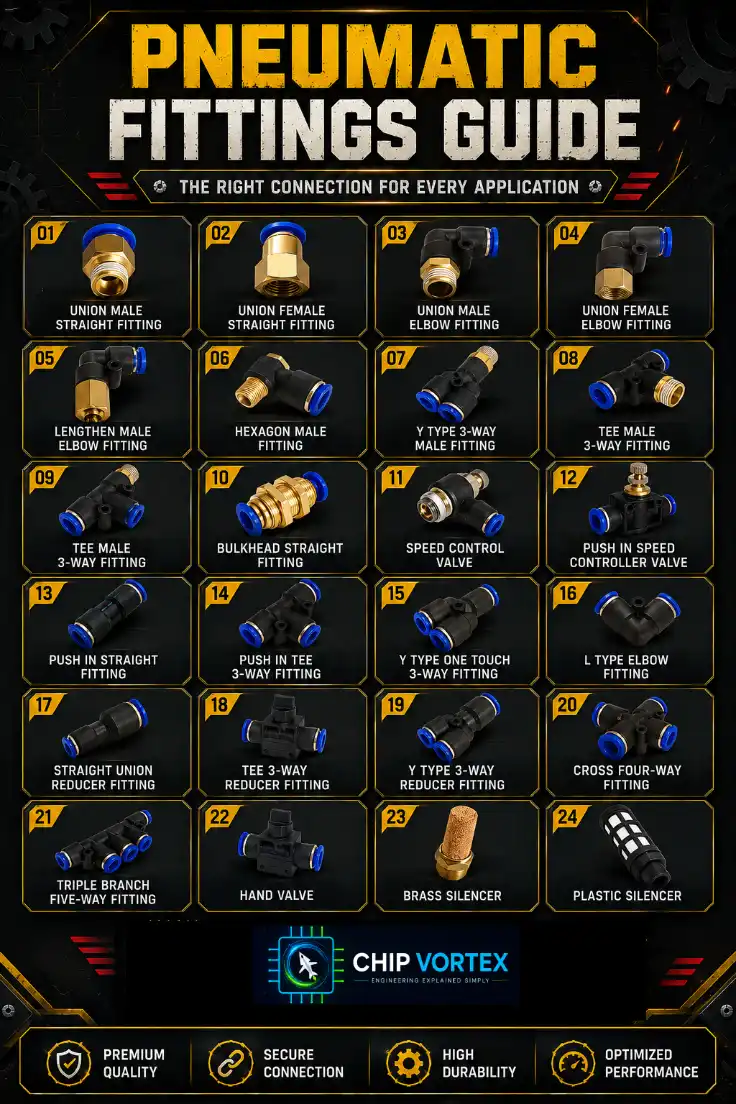 Pneumatic fittings guide chart showing 24 push-to-connect air fitting types including unions, elbows, tees, speed control valves and silencers