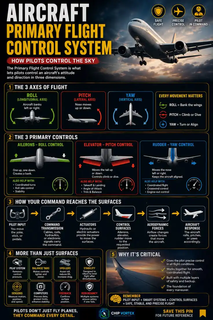 Aircraft primary flight control system infographic showing the three axes of flight, ailerons elevator and rudder, and how pilot commands reach the control surfaces