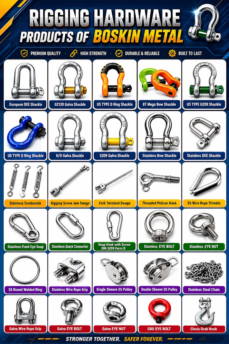 Rigging hardware chart explaining shackles, turnbuckles, wire rope fittings, hooks, eye bolts, pulleys and lifting chain