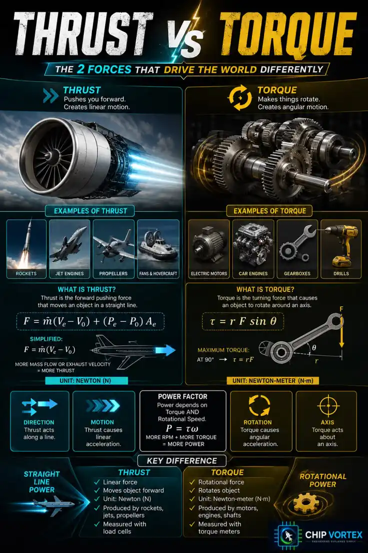 Thrust vs torque infographic comparing the two forces with formulas, examples like jet engines and gearboxes, units and key differences