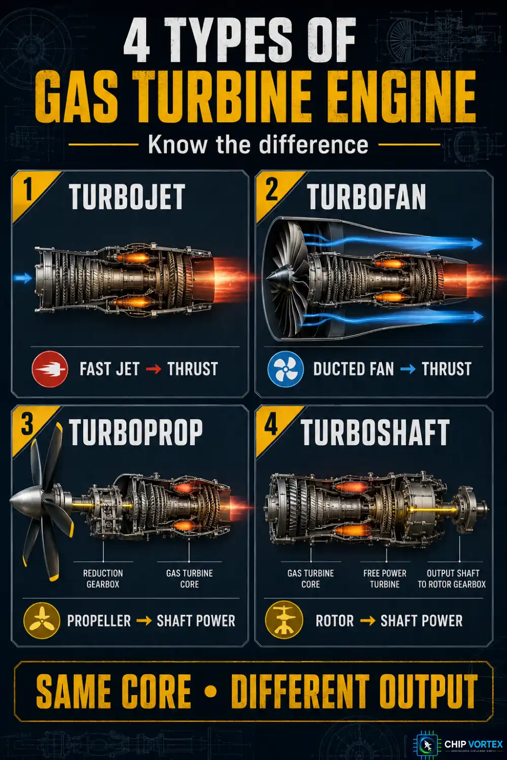 Comparison of turbojet, turbofan, turboprop and turboshaft gas turbine engines