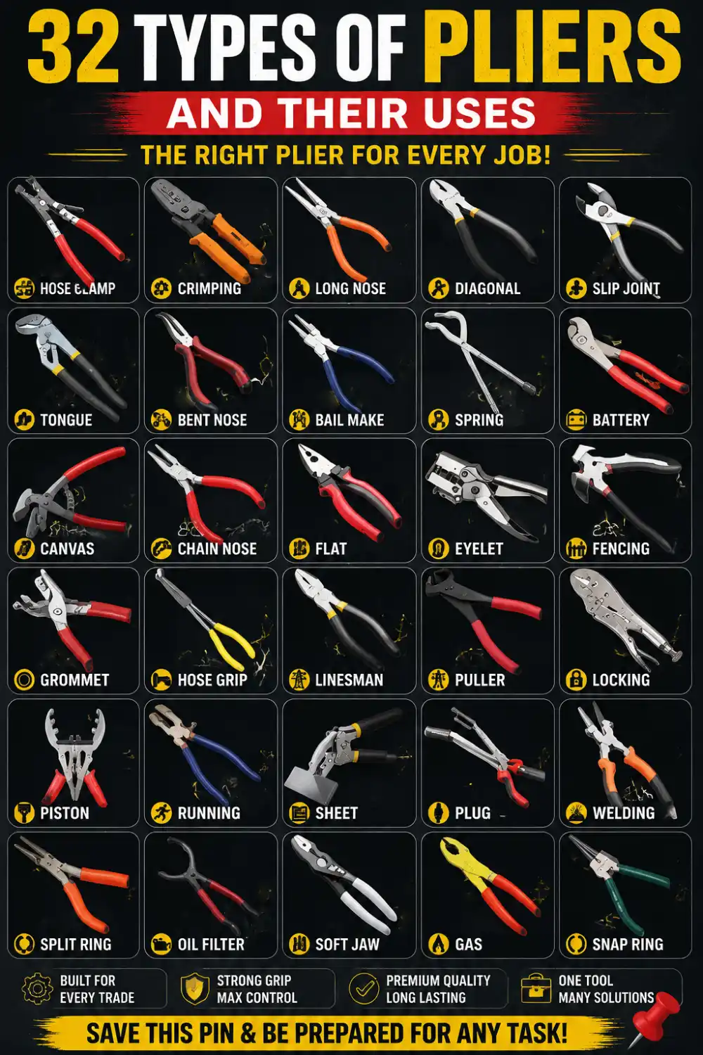 Types of pliers chart showing 32 pliers and their uses including lineman's, locking, tongue and groove, snap ring, crimping and specialty trade pliers