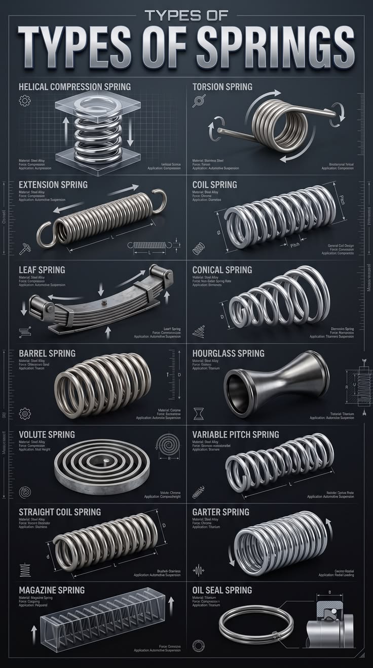 Types of springs chart showing 14 spring types including compression, extension, torsion, leaf, garter, Belleville and wave springs