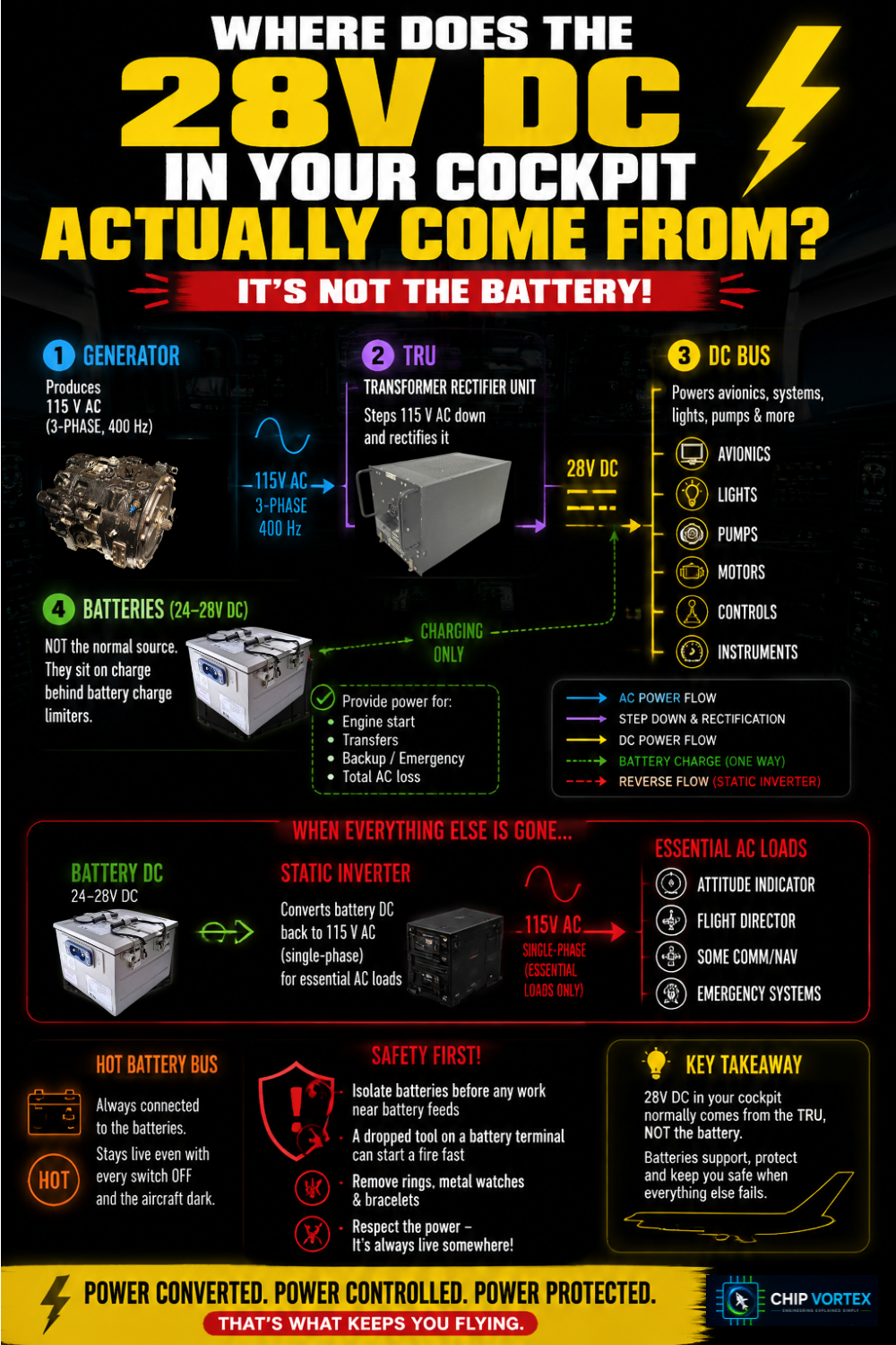 Power flow diagram showing 115 volt AC converted to 28 volt DC by a transformer rectifier unit, with the static inverter converting battery DC back to AC for essential loads.